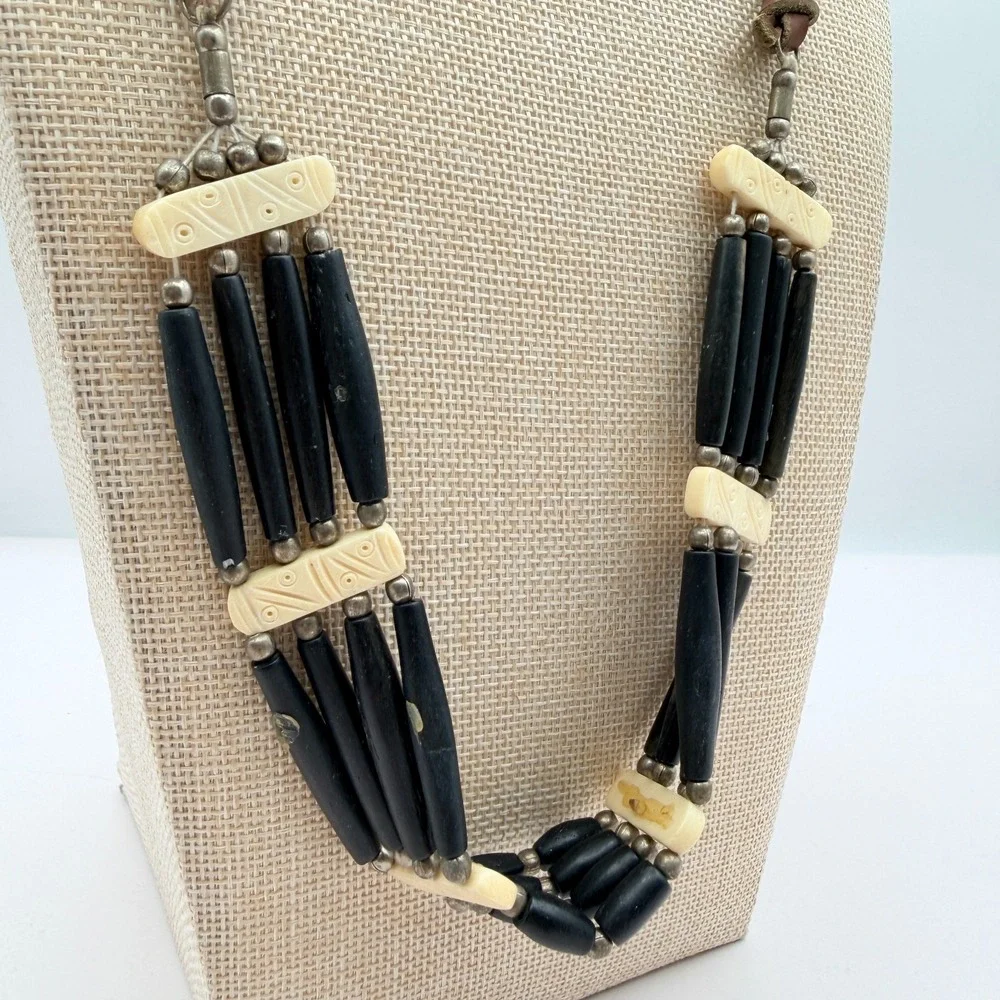 Vintage 90s Tribal Statement Necklace Wood Glass Beads Leather Cord Boho Jewelry